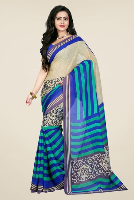 Shonaya Beige & Blue Georgette Printed Saree Shonaya Beige & Blue Georgette Printed Saree