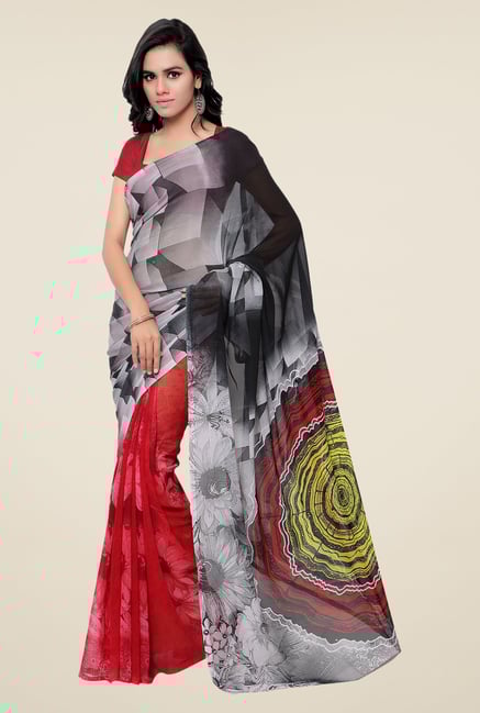 Shonaya Red & Grey Georgette Printed Saree Shonaya Red & Grey Georgette Printed Saree