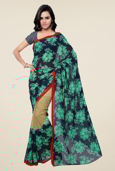 Shonaya Navy & Green Georgette Floral Print Saree Shonaya Navy & Green Georgette Floral Print Saree