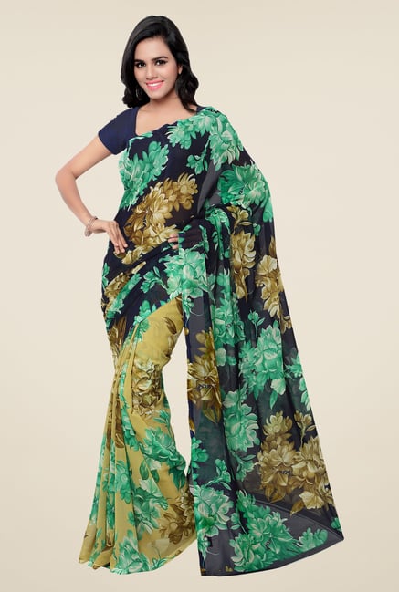 Shonaya Navy & Beige Georgette Floral Print Saree Shonaya Navy & Beige Georgette Floral Print Saree