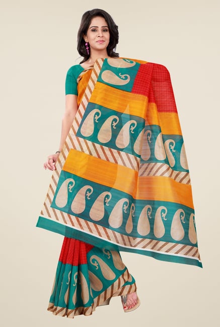 Shonaya Red & Teal Bhagalpuri Silk Paisley Print Saree Shonaya Red & Teal Bhagalpuri Silk Paisley Print Saree