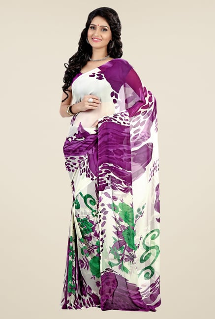 Shonaya Cream & Purple Faux Georgette Printed Saree Shonaya Cream & Purple Faux Georgette Printed Saree