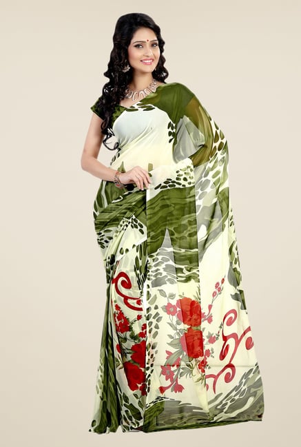 Shonaya Cream & Olive Faux Georgette Printed Saree Shonaya Cream & Olive Faux Georgette Printed Saree
