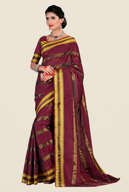 Shonaya Maroon & Golden Cotton Silk Striped Saree Shonaya Maroon & Golden Cotton Silk Striped Saree
