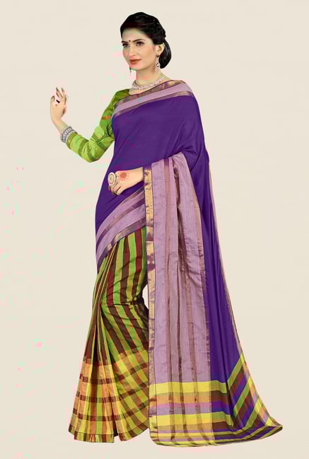 Shonaya Green & Purple Cotton Silk Striped Saree Shonaya Green & Purple Cotton Silk Striped Saree