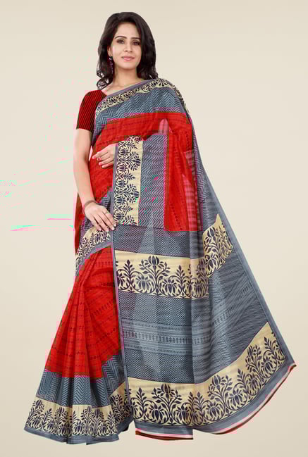 Shonaya Red & Grey Bhagalpuri Silk Printed Saree Shonaya Red & Grey Bhagalpuri Silk Printed Saree
