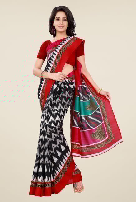 Shonaya Black & Red Bhagalpuri Silk Printed Saree Shonaya Black & Red Bhagalpuri Silk Printed Saree