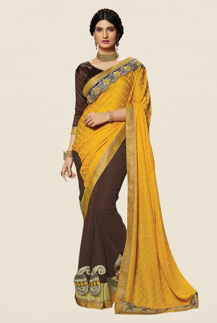 Shonaya Brown & Mustard Georgette Embroidered Saree Shonaya Brown & Mustard Georgette Embroidered Saree