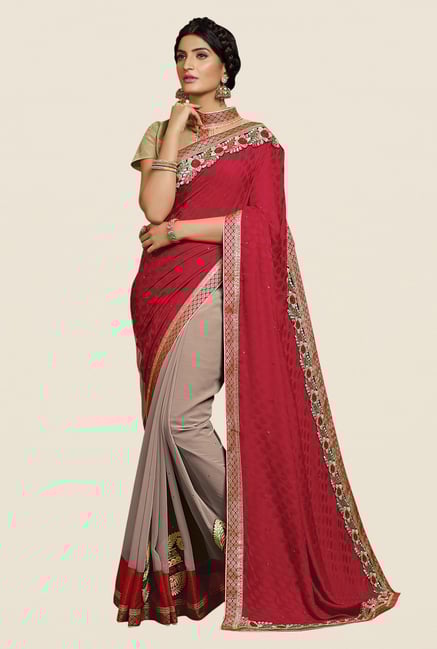 Shonaya Maroon & Tan Georgette Embroidered Saree Shonaya Maroon & Tan Georgette Embroidered Saree