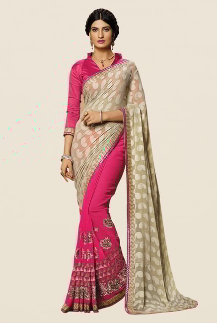 Shonaya Pink & Beige Georgette Paisley Print Saree Shonaya Pink & Beige Georgette Paisley Print Saree