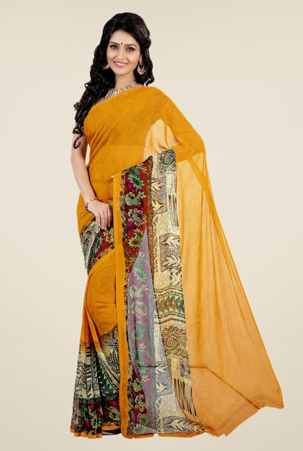 Shonaya Mustard Faux Georgette Printed Saree Shonaya Mustard Faux Georgette Printed Saree