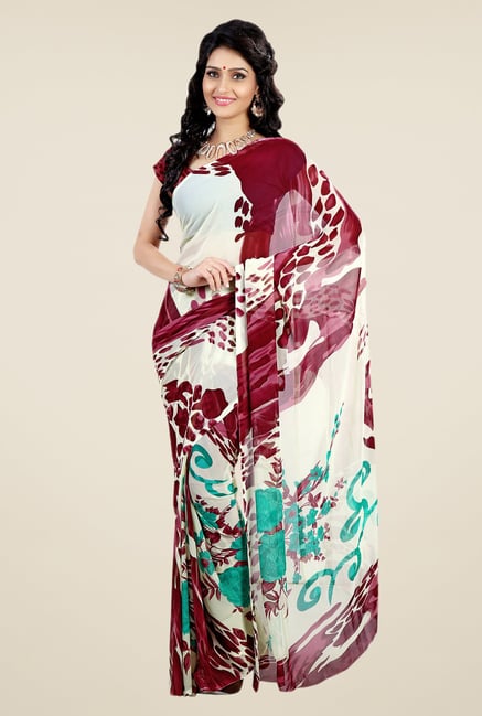 Shonaya Maroon & Cream Faux Georgette Printed Saree Shonaya Maroon & Cream Faux Georgette Printed Saree