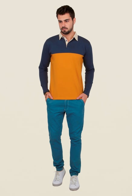 Cult Fiction Mustard & Navy Solid Polo T Shirt Cult Fiction Mustard & Navy Solid Polo T Shirt