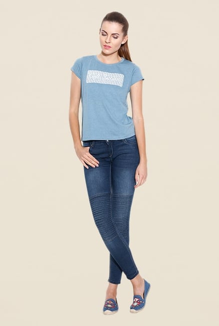 Cult Fiction Light Blue Graphic Print T Shirt Cult Fiction Light Blue Graphic Print T Shirt