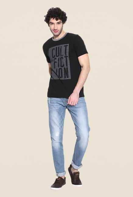 Cult Fiction Black Self Print T Shirt Cult Fiction Black Self Print T Shirt