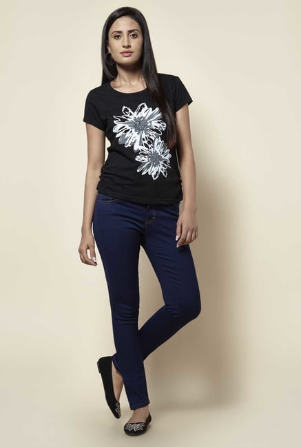 Zudio Black Floral Print T Shirt Zudio Black Floral Print T Shirt