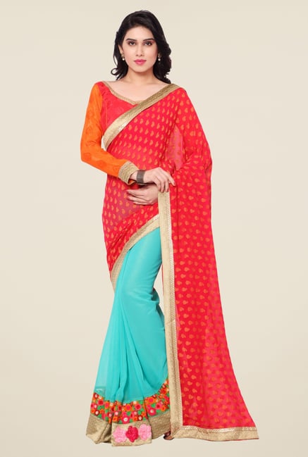 Triveni Sky Blue & Coral Printed Jacquard Georgette Saree Triveni Sky Blue & Coral Printed Jacquard Georgette Saree