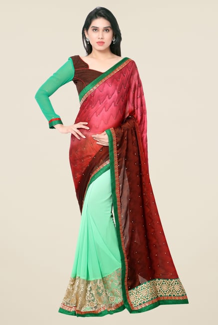 Triveni Green & Maroon Printed Georgette Jacquard Saree Triveni Green & Maroon Printed Georgette Jacquard Saree