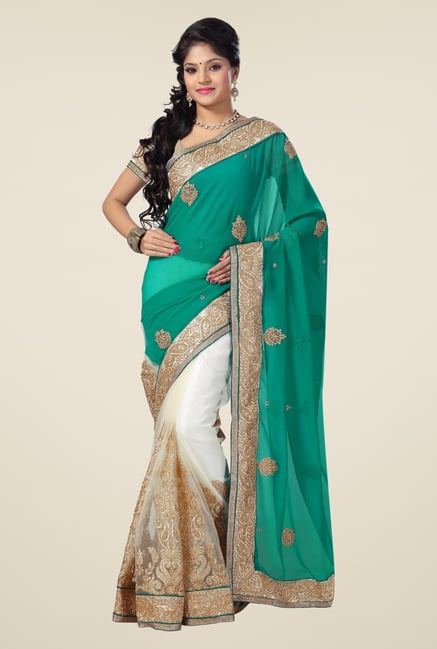 Triveni Off White & Teal Embroidered Faux Georgette Saree Triveni Off White & Teal Embroidered Faux Georgette Saree