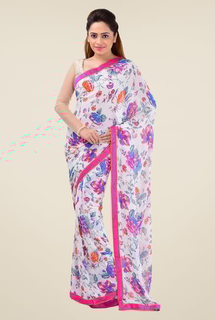 Triveni Off White Floral Faux Georgette Saree Triveni Off White Floral Faux Georgette Saree