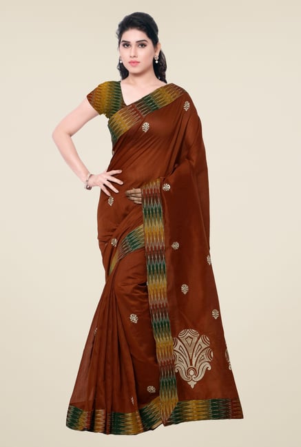 Triveni Brown Embroidered Blended Cotton Saree Triveni Brown Embroidered Blended Cotton Saree