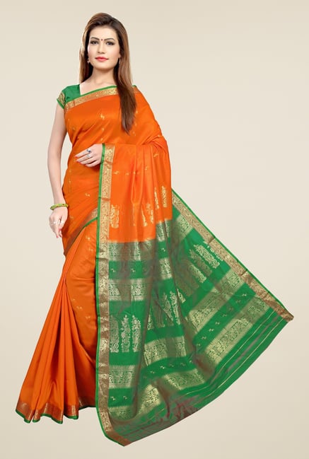 Triveni Orange & Green Printed Art Silk Saree Triveni Orange & Green Printed Art Silk Saree