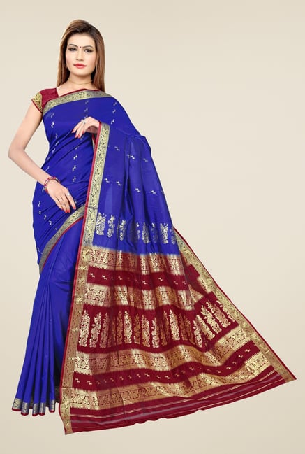Triveni Blue & Maroon Printed Art Silk Saree Triveni Blue & Maroon Printed Art Silk Saree