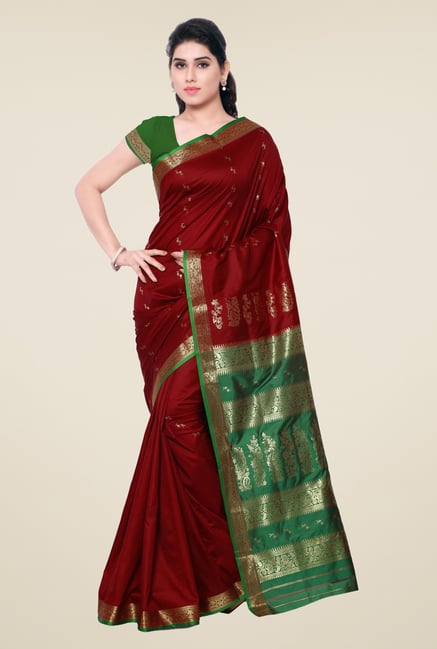 Triveni Maroon & Green Printed Art Silk Saree Triveni Maroon & Green Printed Art Silk Saree