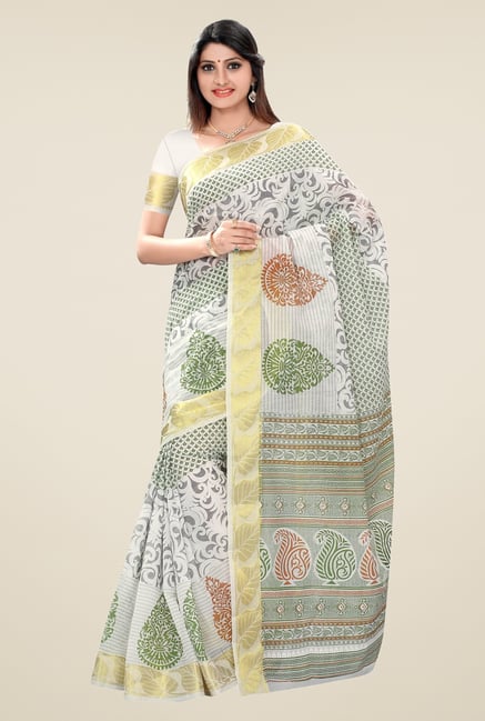 Triveni Off White Printed Blended Cotton Saree Triveni Off White Printed Blended Cotton Saree