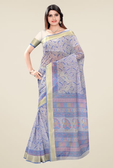 Triveni Blue Printed Blended Cotton Saree Triveni Blue Printed Blended Cotton Saree