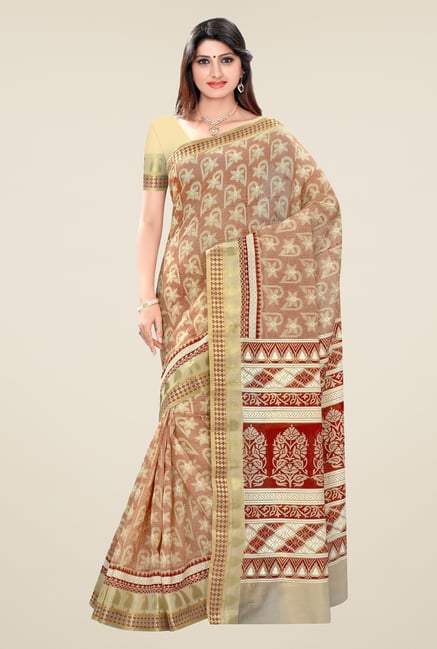 Triveni Beige Printed Blended Cotton Saree Triveni Beige Printed Blended Cotton Saree