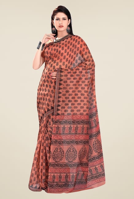 Triveni Brown Printed Blended Cotton Saree Triveni Brown Printed Blended Cotton Saree