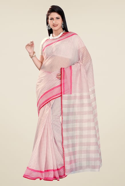 Triveni Cream Checks Blended Cotton Saree Triveni Cream Checks Blended Cotton Saree