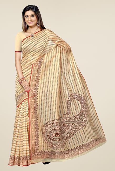 Triveni Beige Paisley Blended Cotton Saree Triveni Beige Paisley Blended Cotton Saree