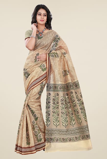 Triveni Beige Printed Cotton Saree Triveni Beige Printed Cotton Saree