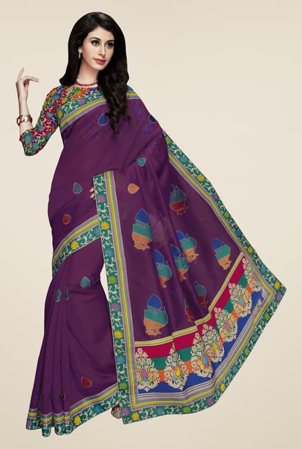 Triveni Purple Embroidered Blended Cotton Saree Triveni Purple Embroidered Blended Cotton Saree