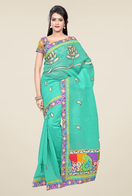 Triveni Turquoise Embroidered Blended Cotton Saree Triveni Turquoise Embroidered Blended Cotton Saree