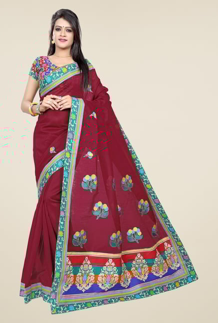 Triveni Maroon Embroidered Blended Cotton Saree Triveni Maroon Embroidered Blended Cotton Saree