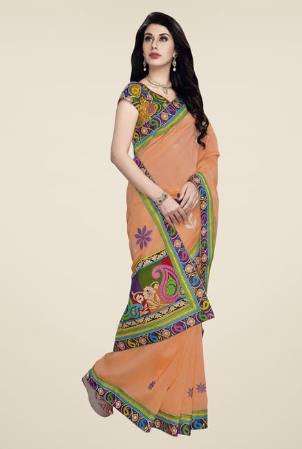 Triveni Peach Embroidered Blended Cotton Saree Triveni Peach Embroidered Blended Cotton Saree