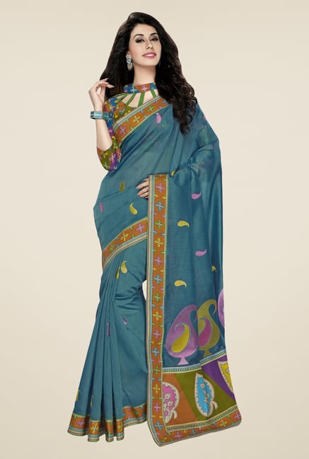 Triveni Teal Embroidered Blended Cotton Saree Triveni Teal Embroidered Blended Cotton Saree