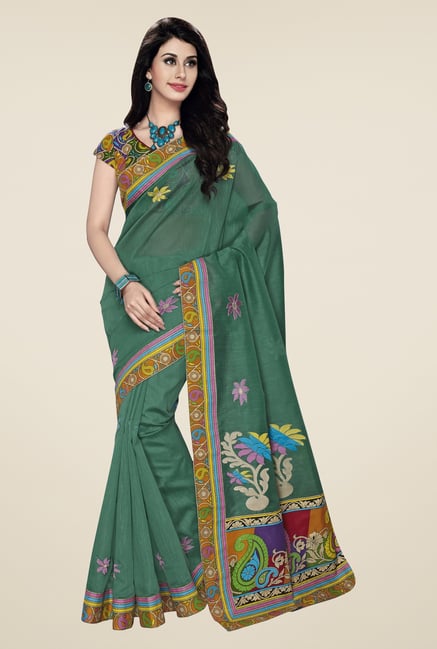 Triveni Teal Embroidered Blended Cotton Saree Triveni Teal Embroidered Blended Cotton Saree