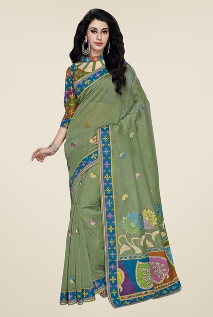 Triveni Green Embroidered Blended Cotton Saree Triveni Green Embroidered Blended Cotton Saree