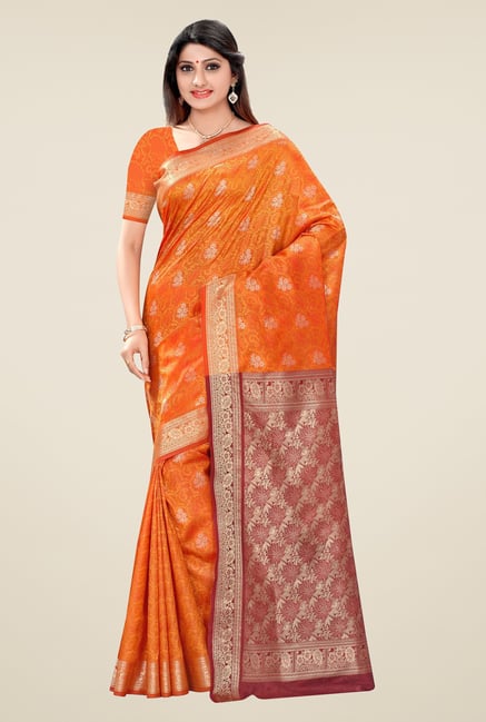Triveni Orange & Maroon Floral Art Silk Jacquard Saree Triveni Orange & Maroon Floral Art Silk Jacquard Saree