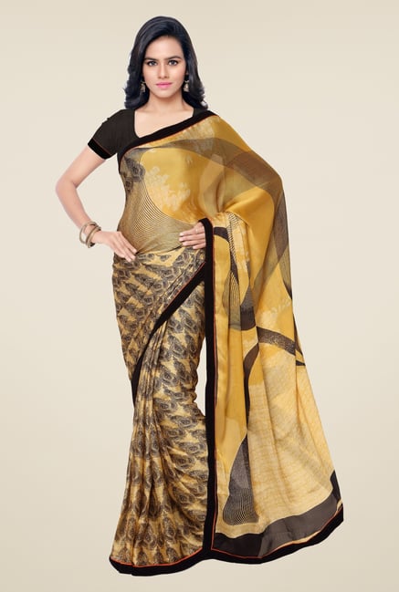 Triveni Yellow Printed Satin Chiffon Saree Triveni Yellow Printed Satin Chiffon Saree