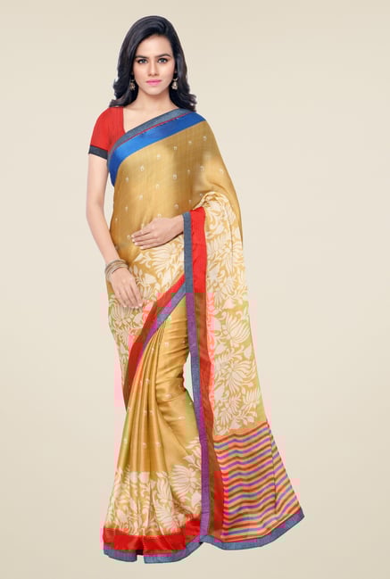 Triveni Beige Printed Satin Chiffon Saree Triveni Beige Printed Satin Chiffon Saree