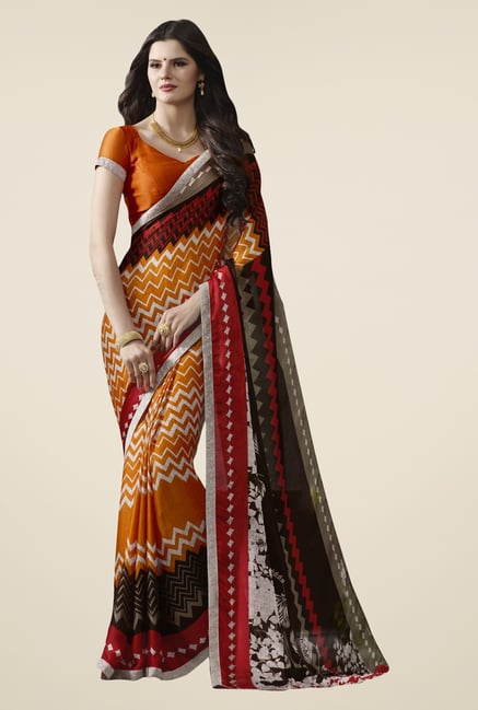 Triveni Orange Printed Satin Chiffon Saree Triveni Orange Printed Satin Chiffon Saree