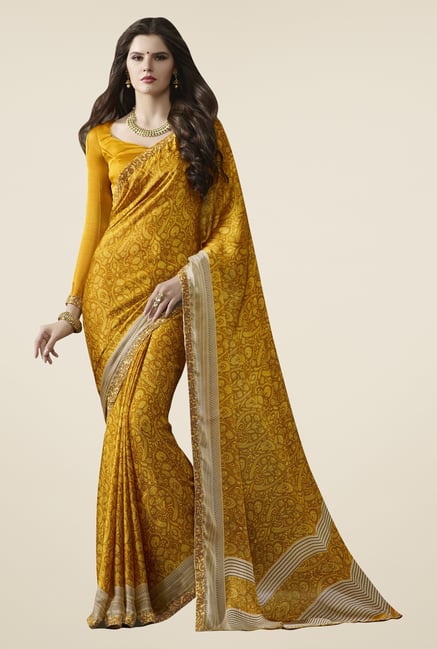 Triveni Yellow Printed Satin Chiffon Saree Triveni Yellow Printed Satin Chiffon Saree