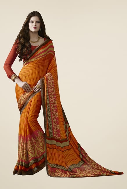 Triveni Orange Printed Satin Chiffon Saree Triveni Orange Printed Satin Chiffon Saree