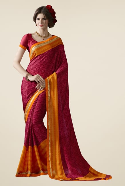 Triveni Maroon Printed Satin Chiffon Saree Triveni Maroon Printed Satin Chiffon Saree