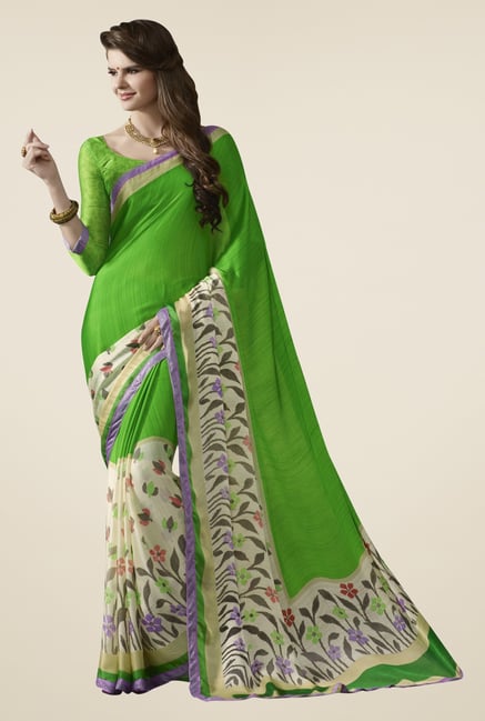 Triveni Green Printed Satin Chiffon Saree Triveni Green Printed Satin Chiffon Saree